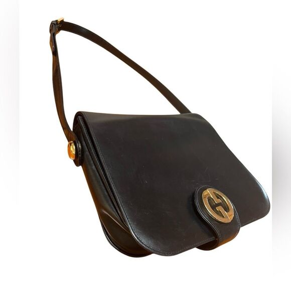 Vintage Authentic Gucci Black Leather Shoulder Bag Purse Gold Interlocking G’s - Picture 8 of 12